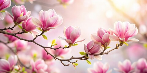 Fototapeta premium Pink spring magnolia flowers branch, pink, spring, magnolia, flowers, branch, nature, botanical, blooming, vibrant