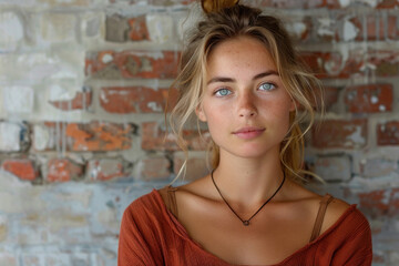 Naklejka premium Portrait of a serene young woman in urban setting with brick background