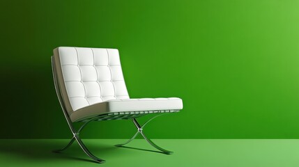 A sleek white Barcelona chair set against a vibrant green background, creating a bold contrast and stylish aesthetic