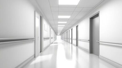 Obraz premium Hospitality in Solitude: An Empty Hospital Corridor Illuminated by Bright Overhead Lights