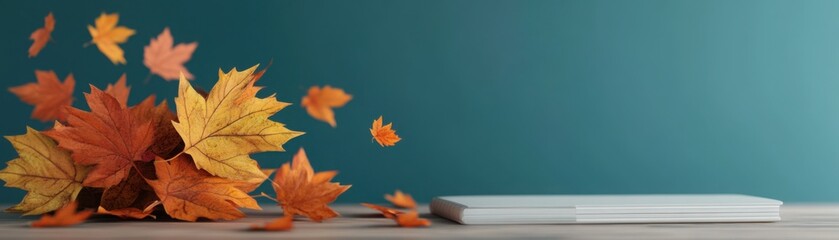 Fototapeta premium Autumn leaves falling on a student s desk, cozy study scene, 3D illustration