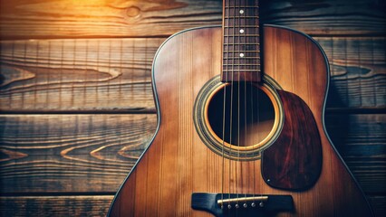 Closeup image of a vintage acoustic guitar with a film tone , music, instrument, strings, wood, retro, old-fashioned, classic