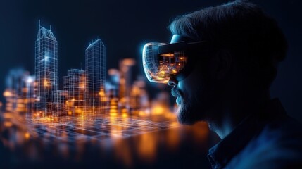 Silhouette of an engineer wearing VR goggles, surrounded by holographic city blueprints