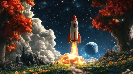 Obraz premium A vibrant rocket launches into a starry night sky, surrounded by colorful trees and a distant planet, evoking adventure and exploration.