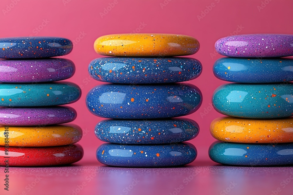 Poster stacked colorful round objects with speckled surfaces
