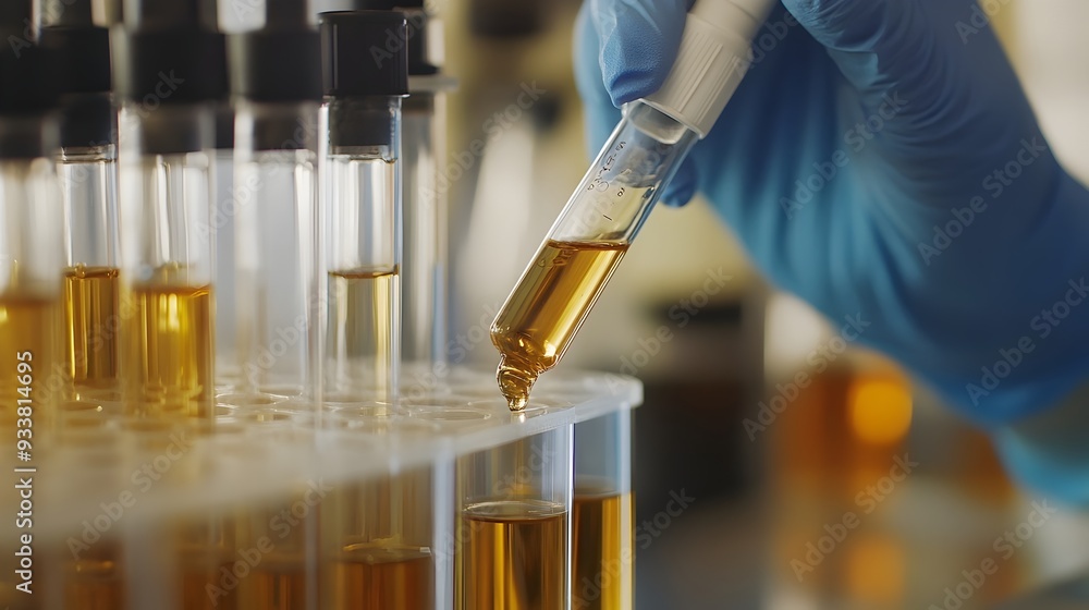 Poster technician carefully evaluating hemp oil in laboratory setting using specialized equipment and testi