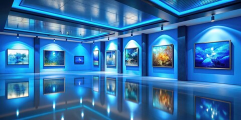 Obraz premium Virtual gallery with blue themed art pieces showcased in immersive digital environment , virtual, gallery, blue