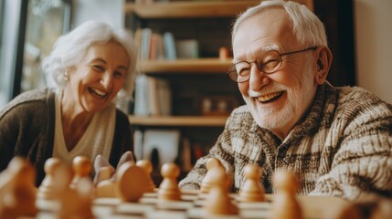 Elderly couple enjoying a cheerful chess game indoors in a cozy living room during the afternoon - Powered by Adobe