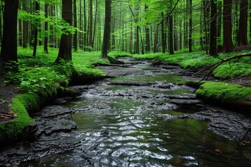 Obraz premium Tranquil Stream Winding Through a Verdant Forest