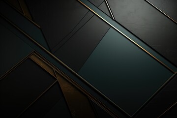 Abstract geometric background with dark green and black panels and gold lines.