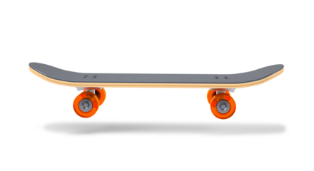 A skateboard with orange wheels and a black deck on a white background