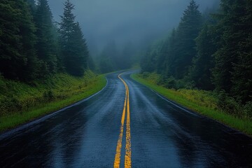 Fototapeta premium Winding Road Through Foggy Forest After Rain