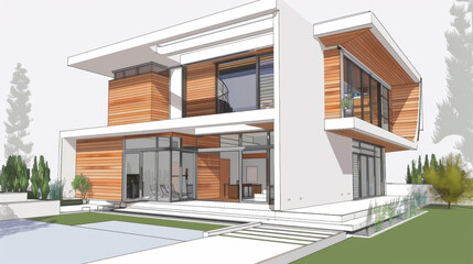Fototapeta premium Modern two-story house with large windows and garden, background