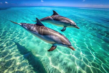Fototapeta premium Two sleek dolphins glide effortlessly through crystal-clear turquoise water, their dorsal fins slicing the surface in a stunning display of aquatic agility and grace.