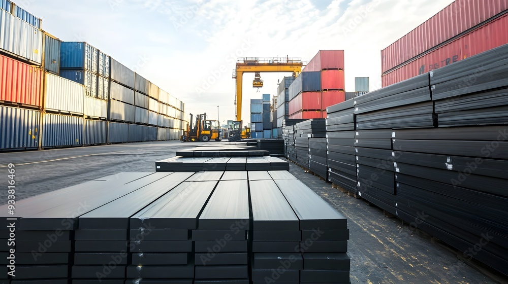 Aufkleber stacks of rubber sheets being prepared for global export with shipping containers and forklifts in t