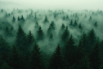 Aerial View of a Dense Evergreen Forest Shrouded in Mist