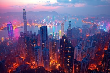 Obraz premium Aerial View of Hong Kong Skyline at Dusk with Vibrant Lights