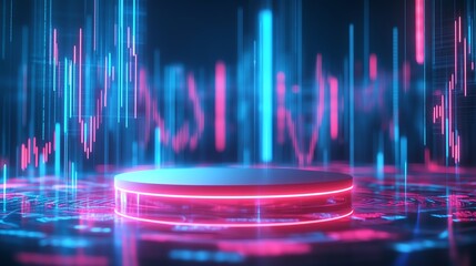 A neon podium surrounded by floating digital graphs copy space, datadriven theme, surreal, blend mode, tech expo backdrop