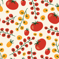 seamless pattern with tomatoes; great for kitchen textiles, packaging design, recipe cards or digital backgrounds for cooking blogs and websites - vector illustration