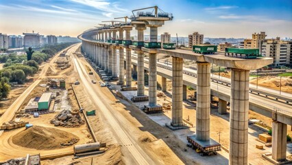 Under-construction monorail site in Giza, Egypt, shows massive columns and tracks along 26th of July axis, part of a rapid transit system and longest driverless railroad.