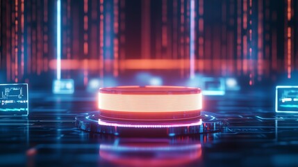 Neon podium at a tech fair surrounded by digital product demos copy space, innovation theme, futuristic, Composite, exhibition hall backdrop