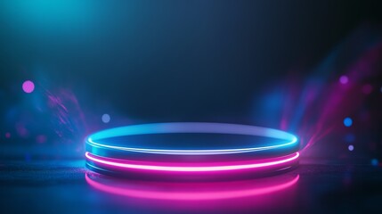 Neon podium at the heart of an interactive tech showcase close up, engagement