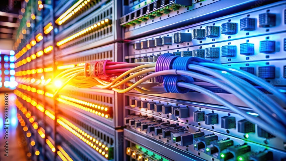 Aufkleber A close-up of network cables connected to a switch with blinking lights in a server room , connection, data