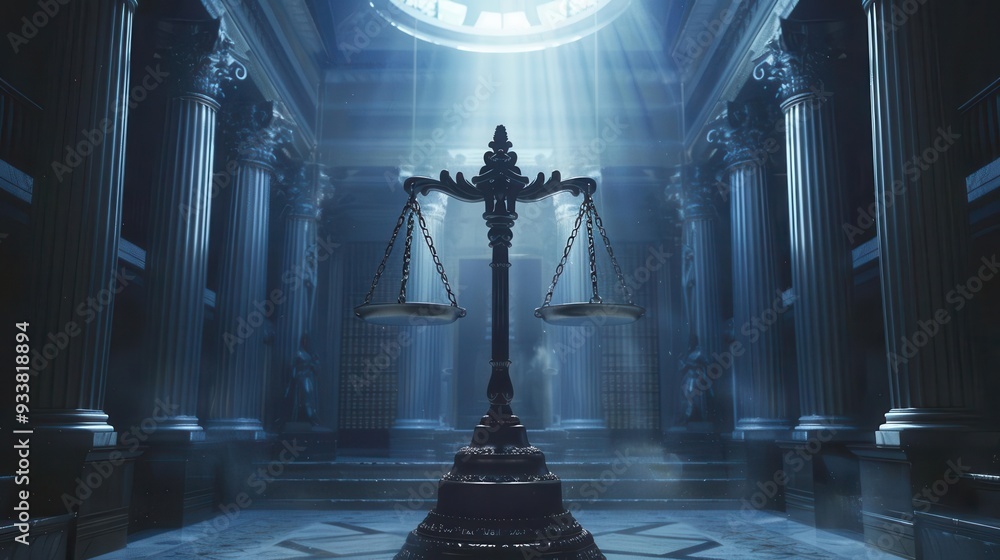 Wall mural majestic scales of justice in grand courtroom hall judiciary and jurisprudence concept