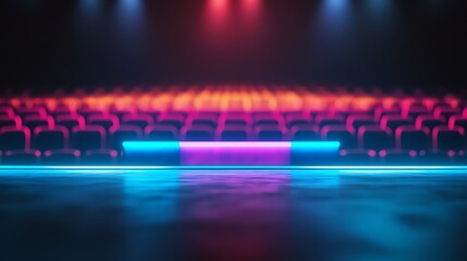 Fototapeta premium Podium glowing in neon colors amidst a dark auditorium close up, contrast theme, ethereal, Double exposure, theater backdrop