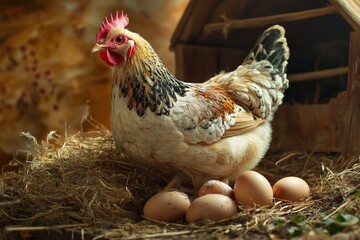 Hen, Chicken eggs and chickens eating food in farm with generative ai
