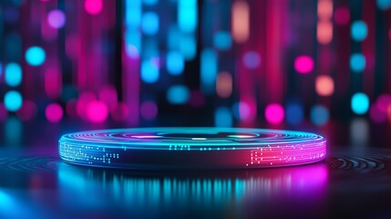 Podium in neon colors with a background of colorful data streams close up, data visualization theme, vibrant, Overlay, tech summit backdrop