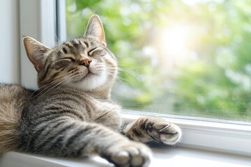 A relaxed tabby cat enjoys a sunny day by lounging in a window, soaking up the warmth and watching the world outside.