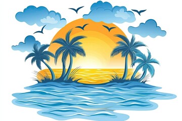 Obraz premium A serene tropical sunset over a calm ocean, with palm trees silhouetted against the vibrant sky and gentle waves lapping the shore.
