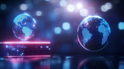 Presenter at a neon podium with a digital globe spinning beside them copy space, global connection theme, surreal, blend mode, international summit backdrop