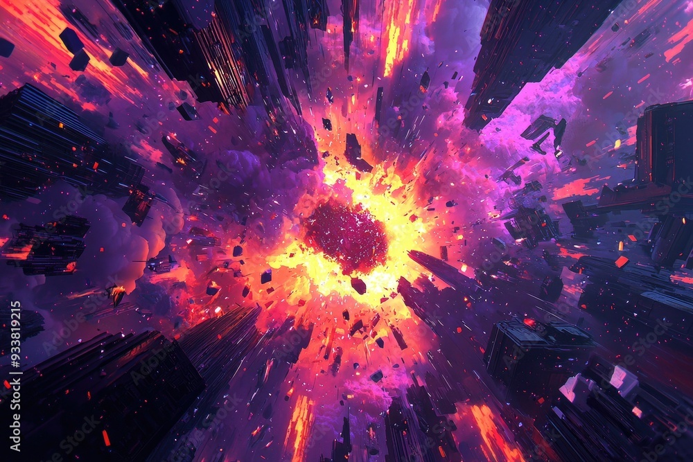 Poster a vibrant explosion of colors in a cosmic scene, showcasing a mesmerizing interplay of light and for