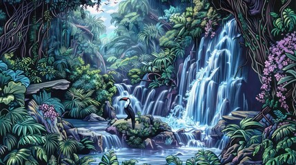 Fototapeta premium Lush Jungle Waterfall with Toucan.