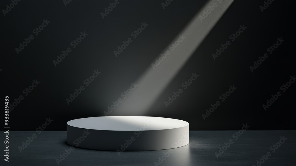 Poster spotlight illuminating an empty circular podium on dark background, minimalist studio setup. abstrac