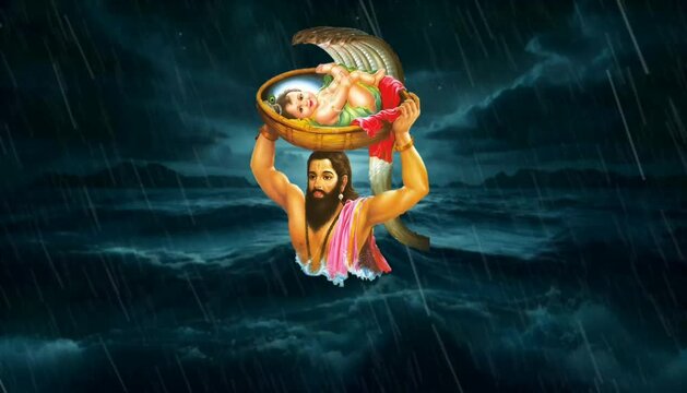 On the day of Krishna
Janmashtami Vasudeva carried Krishna on his head across the Yamuna river.