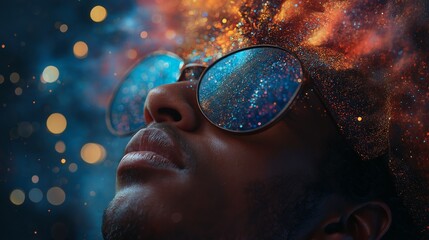 Creative portrait with sunglasses reflecting a cosmic scene, blending reality and fantasy in...