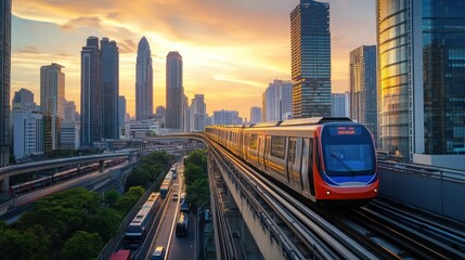 BANGKOK, THAILAND-APRIL 14, 2021: Beautiful sunset cityscape with modern building landmark, Chong Nonsi skywalk and BTS Skytrain or The Bangkok Mass Transit System at Sathorn bussiness center