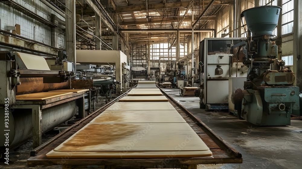 Poster industrial factory scene showing the processing of raw latex into finished rubber sheets with machin