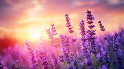 Lavender flowers on sunset background. Beautiful blooming lavender field with generative ai