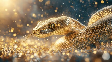 Fototapeta premium A stunning close-up of a golden snake with sparkling scales, capturing luxury, elegance, and the mystique of the wild.