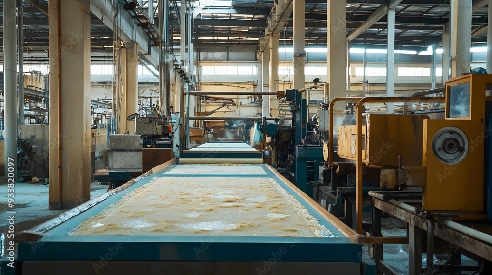 Poster a photograph showcasing the industrial process of transforming raw latex into finished rubber sheets