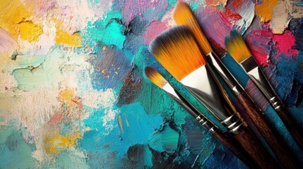 Fototapeta premium Artistic palette with vibrant colors, brushes, and abstract strokes, suggesting creative expression.