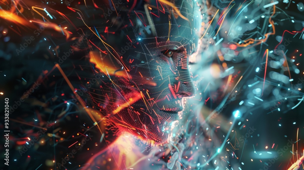 Poster an abstract digital rendering of a human face surrounded by dynamic, futuristic elements and vibrant