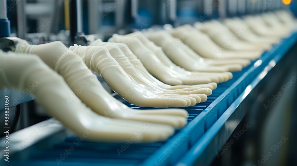 Poster efficient rubber glove manufacturing on factory assembly line rows of rubber gloves being formed cur