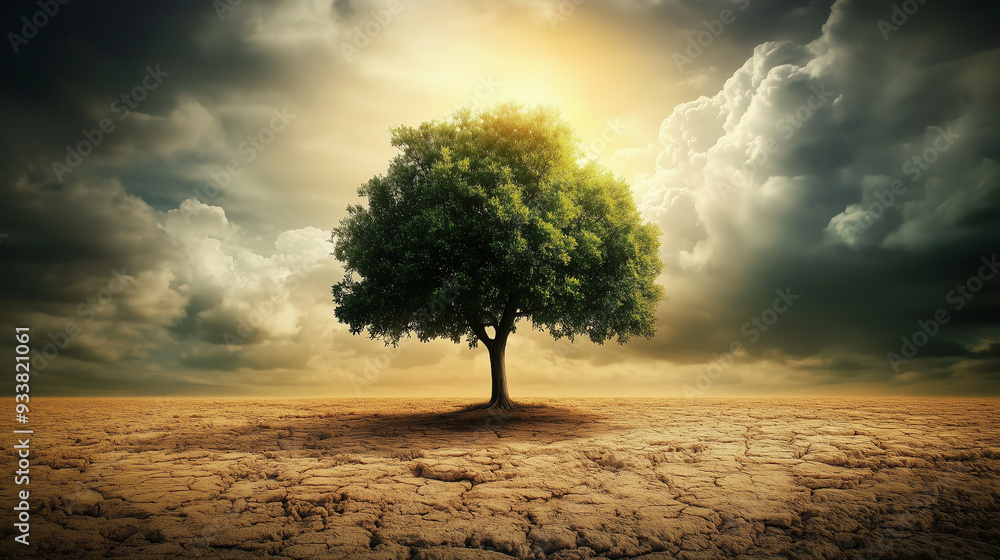 Aufkleber a tree is standing in a field with a cloudy sky in the background