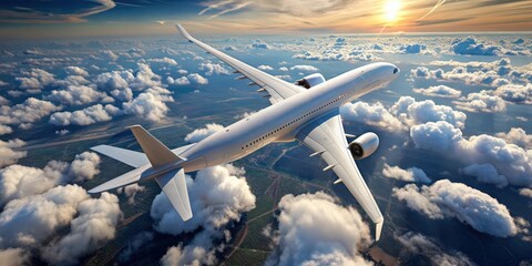 Fototapeta premium Aerial top down view of EADS Airbus A350 flying against blue sky background, airplane, Airbus A350, aerial view