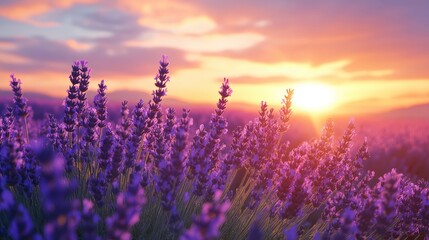 Obraz premium Lavender flowers on sunset background. Beautiful blooming lavender field with generative ai